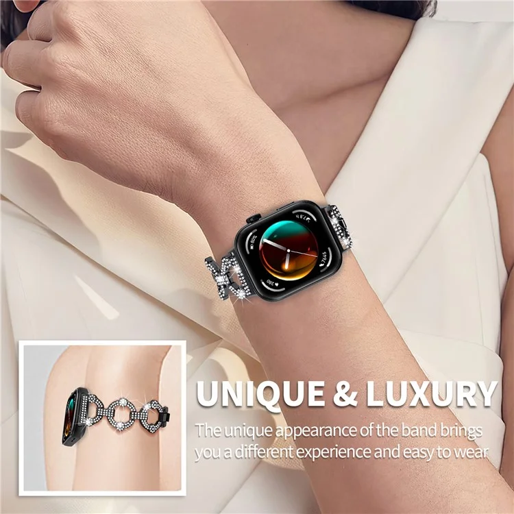 For Huawei Watch Fit 3 Metal Watch Band Shiny Rhinestone Strap Bracelet - Black