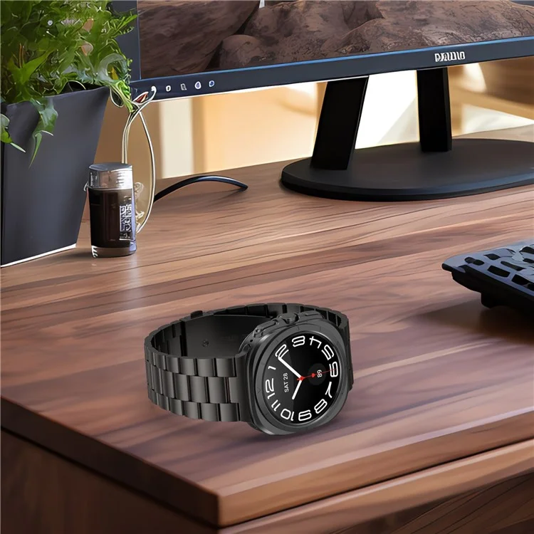 For Samsung Galaxy Watch Ultra 47mm Metal Watch Band Three-Beads Steel Wrist Strap - Black