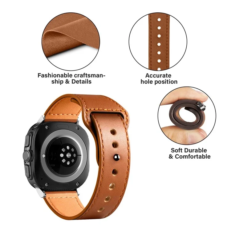 Per Samsung Galaxy Watch Ultra 47mm Cinturino dell'orologio Vera pelle bovina Fibbia a rivetto - Texture Litchi Marrone