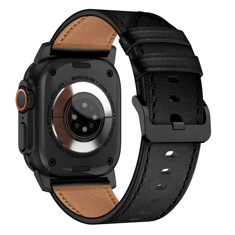 Para Apple Watch 10 46mm / Ultra 2 / Ultra 49mm / 9 8 7 45mm / SE (2023) SE (2022) SE 6 5 4 44mm / 3 2 1 42mm Genuine Cow Leather Band - Conector Preto+Preto