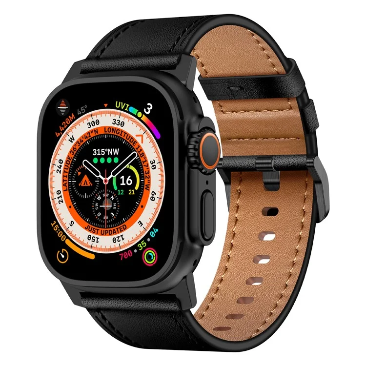 Para Apple Watch 10 46mm / Ultra 2 / Ultra 49mm / 9 8 7 45mm / SE (2023) SE (2022) SE 6 5 4 44mm / 3 2 1 42mm Genuine Cow Leather Band - Conector Preto+Preto