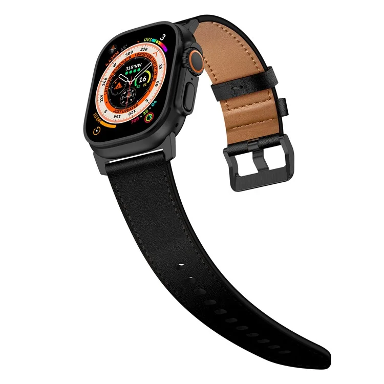 Para Apple Watch 10 46mm / Ultra 2 / Ultra 49mm / 9 8 7 45mm / SE (2023) SE (2022) SE 6 5 4 44mm / 3 2 1 42mm Genuine Cow Leather Band - Conector Preto+Preto