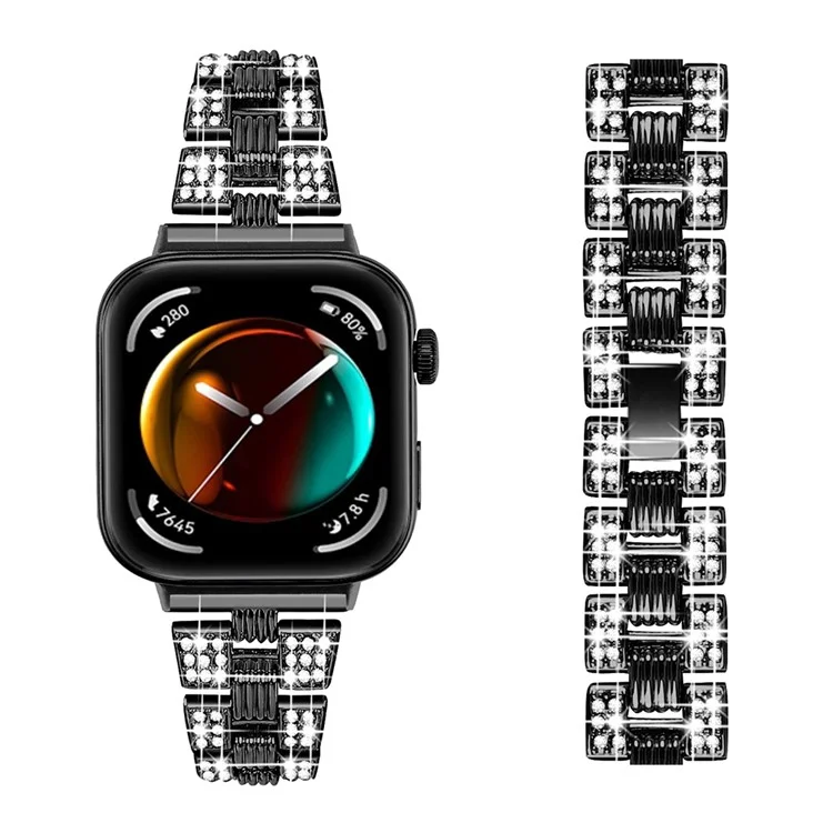 For Huawei Watch Fit 3 Rhinestone Decor Thread Texture Smart Watch Band Metal Wrist Strap - Black