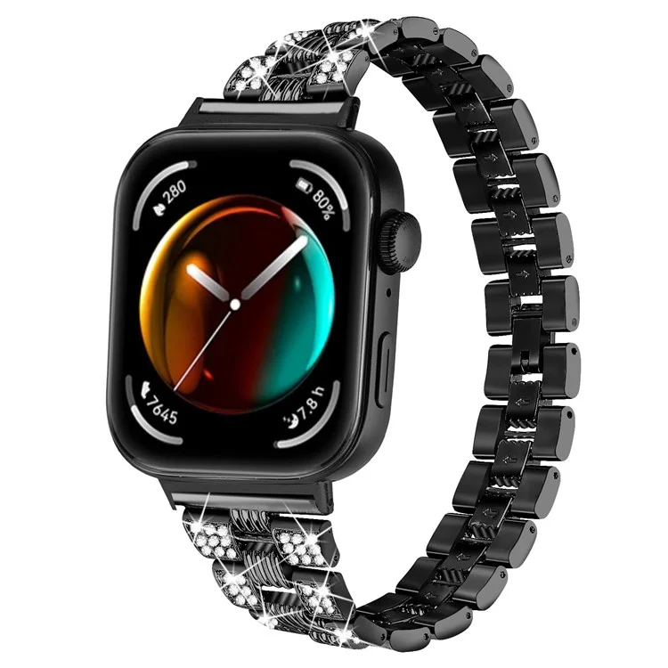 For Huawei Watch Fit 3 Rhinestone Decor Thread Texture Smart Watch Band Metal Wrist Strap - Black