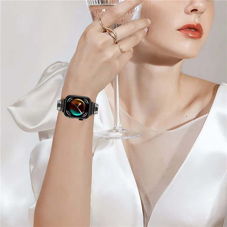 For Huawei Watch Fit 3 Rhinestone Decor Thread Texture Smart Watch Band Metal Wrist Strap - Black