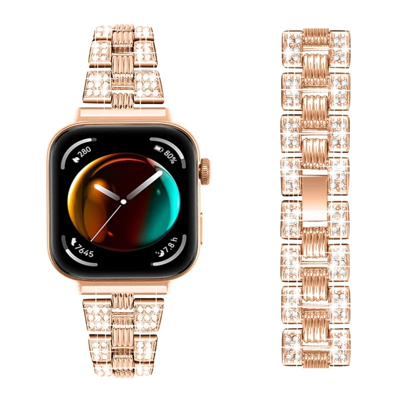 For Huawei Watch Fit 3 Rhinestone Decor Thread Texture Smart Watch Band Metal Wrist Strap - Rose Gold