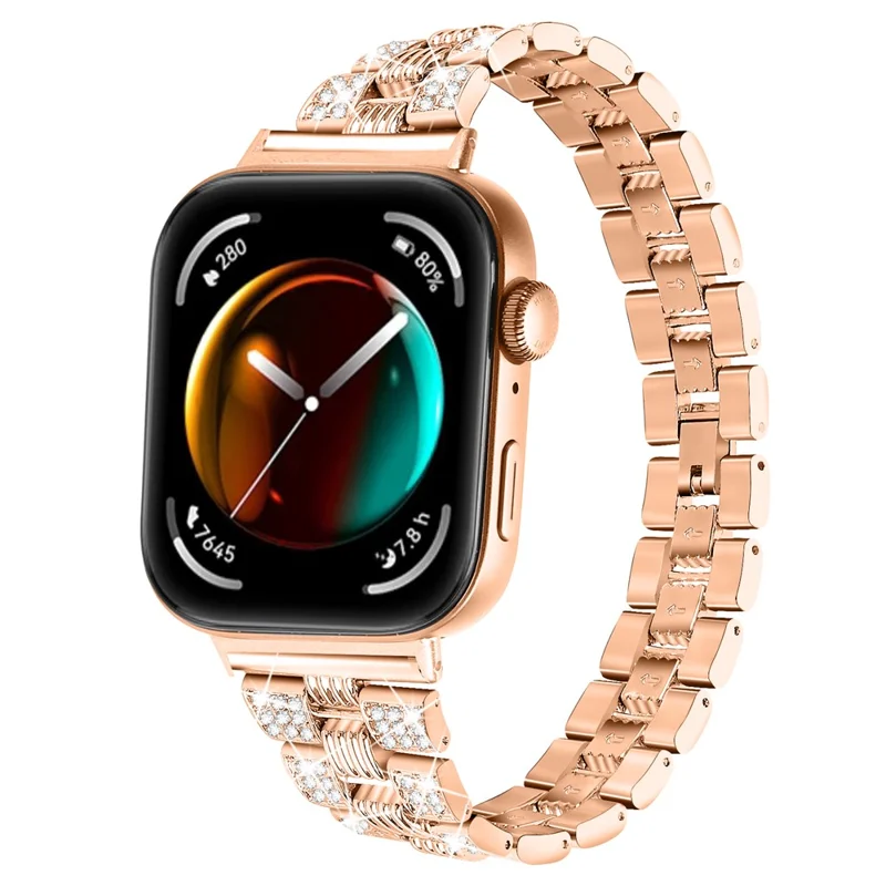 For Huawei Watch Fit 3 Rhinestone Decor Thread Texture Smart Watch Band Metal Wrist Strap - Rose Gold