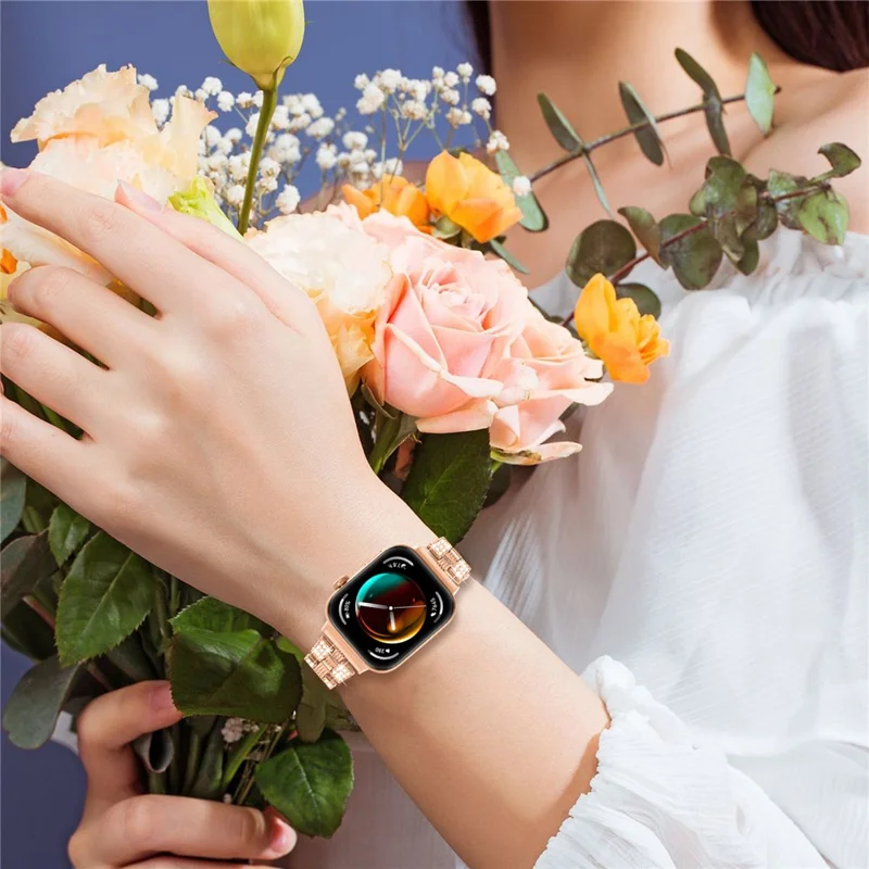 For Huawei Watch Fit 3 Rhinestone Decor Thread Texture Smart Watch Band Metal Wrist Strap - Rose Gold