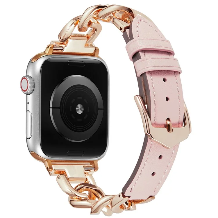 Für Apple Watch 10 46mm / Ultra 2 / Ultra 49mm / 9 8 7 45mm / SE (2023) SE (2022) SE 6 5 4 44mm / 3 2 1 42mm Zinklegierung+Rindsleder Uhrenarmbänder - Pink+Rosegold