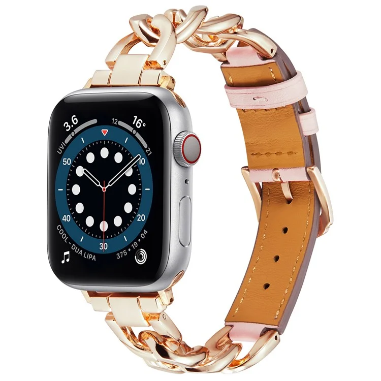 Für Apple Watch 10 46mm / Ultra 2 / Ultra 49mm / 9 8 7 45mm / SE (2023) SE (2022) SE 6 5 4 44mm / 3 2 1 42mm Zinklegierung+Rindsleder Uhrenarmbänder - Pink+Rosegold