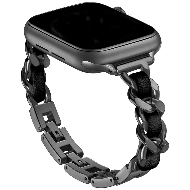 Для Apple Watch Series 10 42мм / 9 8 7 41мм / SE (2023) SE (2022) SE 6 5 4 40мм / 3 2 1 38мм Ремешок для часов Zinc Alloy+Leather Wrist Band - Черный+Черный