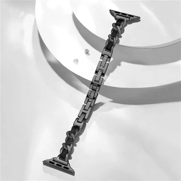 Для Apple Watch Series 10 42мм / 9 8 7 41мм / SE (2023) SE (2022) SE 6 5 4 40мм / 3 2 1 38мм Ремешок для часов Zinc Alloy+Leather Wrist Band - Черный+Черный