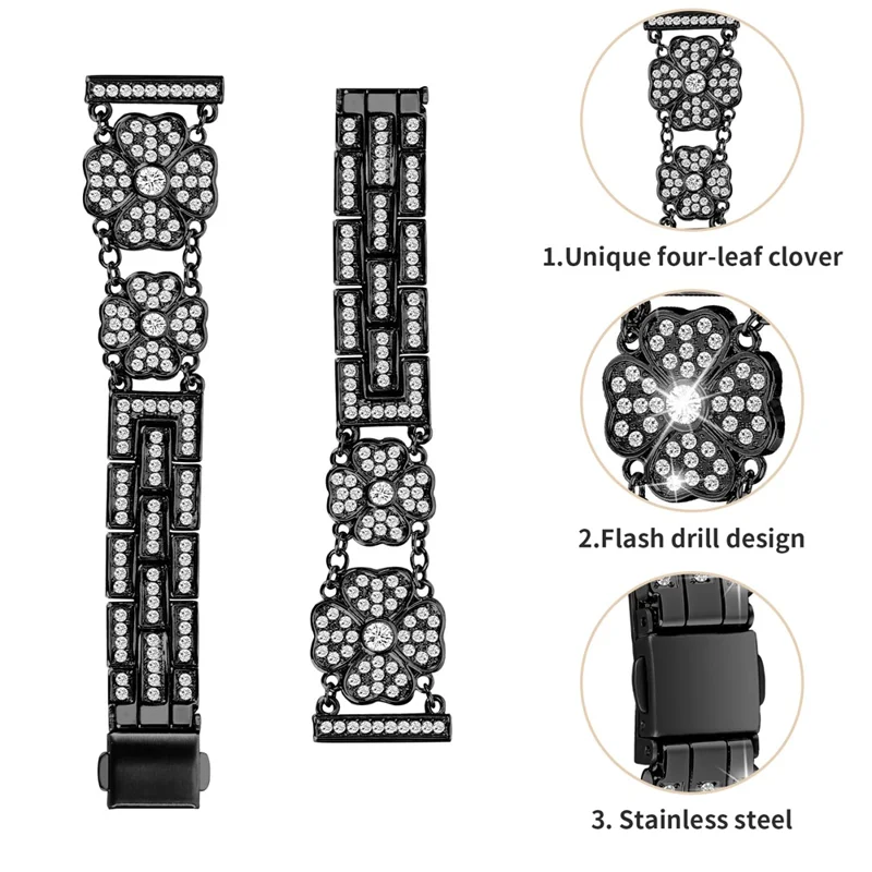 Per Samsung Galaxy Watch FE 40mm Cinturino Gioiello Lucido a Quattro Foglie di Trifoglio in Metallo - Nero