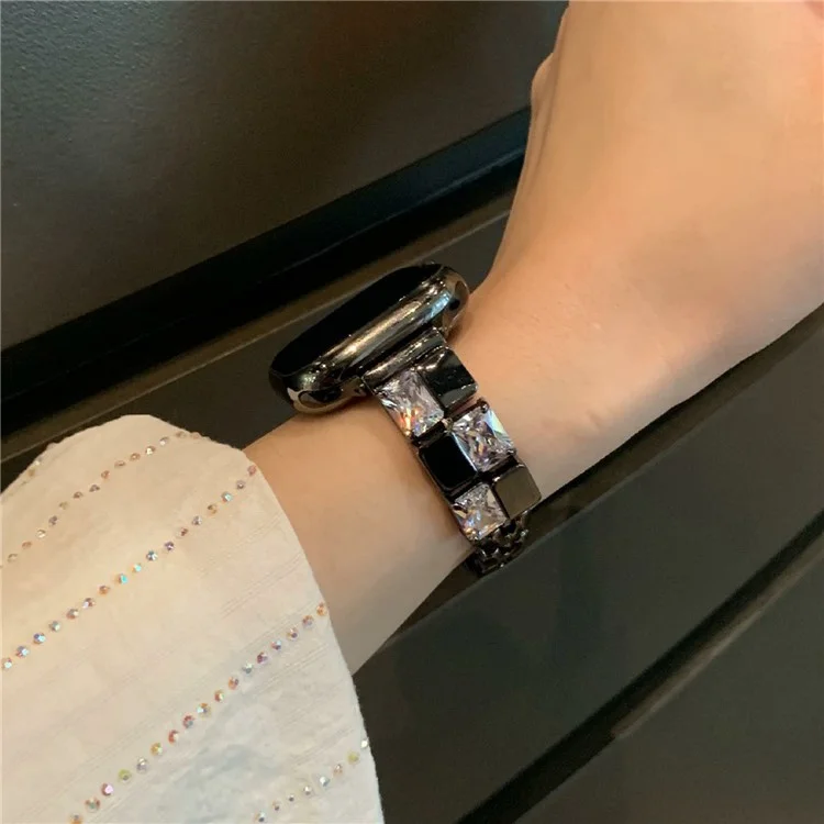 For Apple Watch Series 10 42mm / 9 8 7 41mm / SE (2023) SE (2022) SE 6 5 4 40mm / 3 2 1 38mm Ice Cube Zircon Decor Strap Copper Watch Band - Black