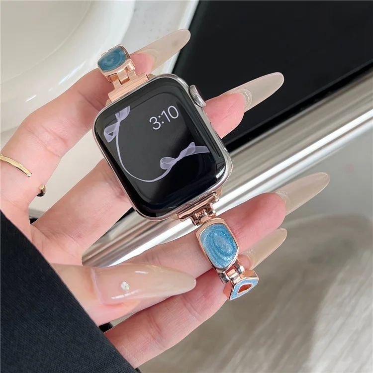 For Apple Watch Series 10 42mm / 9 8 7 41mm / SE (2023) SE (2022) SE 6 5 4 40mm / 3 2 1 38mm Epoxy Decor Zinc Alloy Band Watch Strap - Swirl Blue / Rose Gold