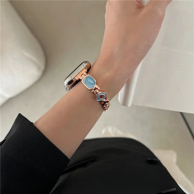 For Apple Watch Series 10 42mm / 9 8 7 41mm / SE (2023) SE (2022) SE 6 5 4 40mm / 3 2 1 38mm Epoxy Decor Zinc Alloy Band Watch Strap - Swirl Blue / Rose Gold