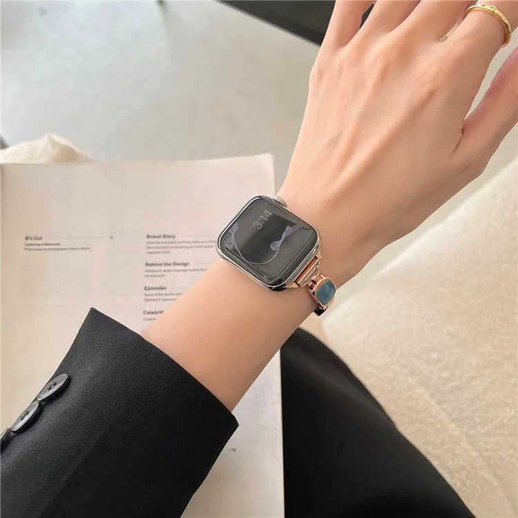 For Apple Watch Series 10 42mm / 9 8 7 41mm / SE (2023) SE (2022) SE 6 5 4 40mm / 3 2 1 38mm Epoxy Decor Zinc Alloy Band Watch Strap - Swirl Blue / Rose Gold