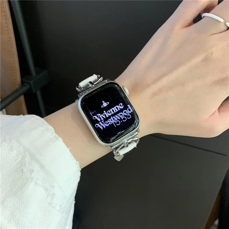 Para Apple Watch Series 10 42mm / 9 8 7 41mm / SE (2023) SE (2022) SE 6 5 4 40mm / 3 2 1 38mm Denim Cloth Band Heart Pendant Strap - Branco