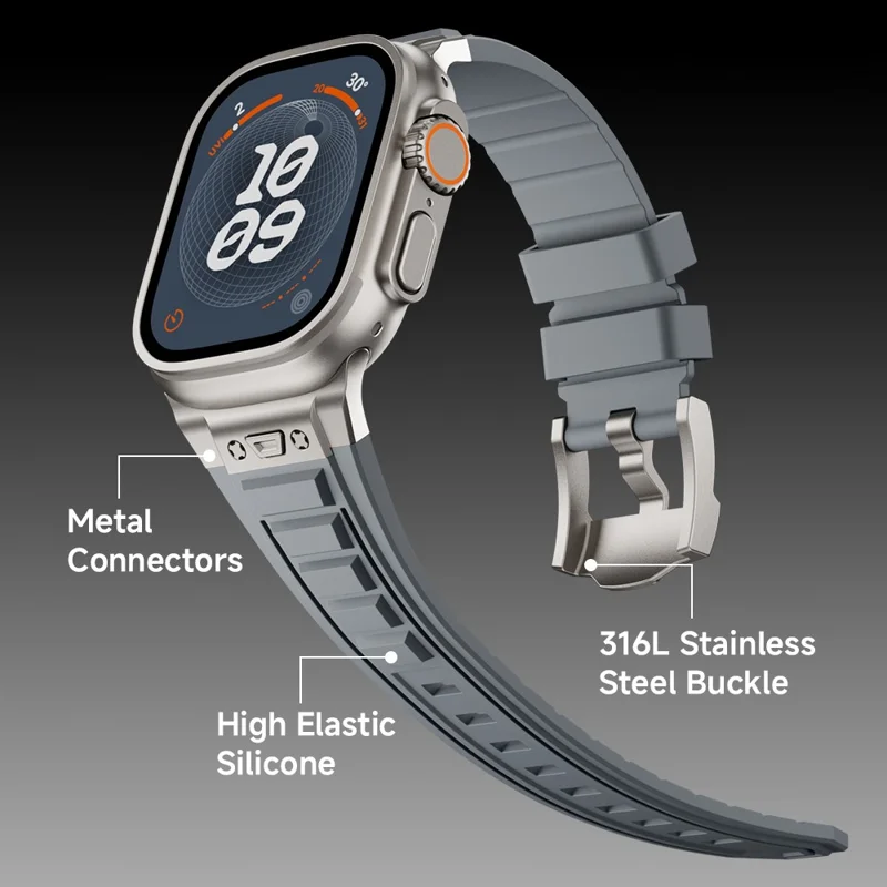 For Apple Watch 10 46mm / Ultra 2 / Ultra 49mm / 9 8 7 45mm / SE (2023) SE (2022) SE 6 5 4 44mm / 3 2 1 42mm Adjustable Strap Silicone Band - Titanium+Black