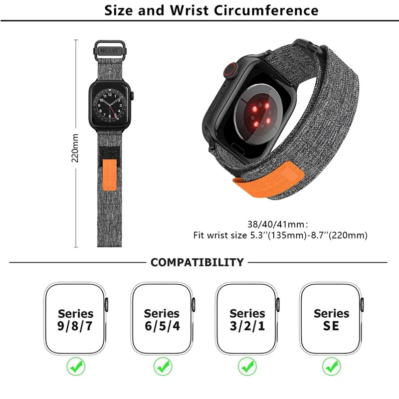KALEBOL для Apple Watch Series 10 42mm / 9 8 7 41mm / SE (2023) SE (2022) SE 6 5 4 40mm / 3 2 1 38mm нейлоновый ремешок для часов с магнитной застежкой - черный+серый