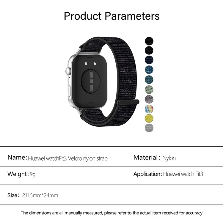 KALEBOL For Huawei Watch Fit 3 Strap Magic Tape Nylon Soft Watch Band - Official Black