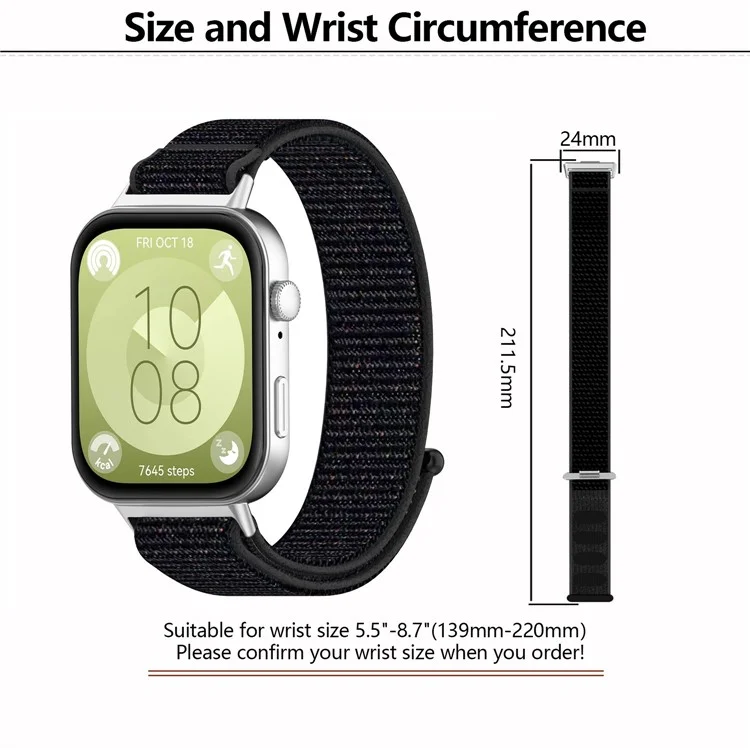 KALEBOL For Huawei Watch Fit 3 Strap Magic Tape Nylon Soft Watch Band - Official Black