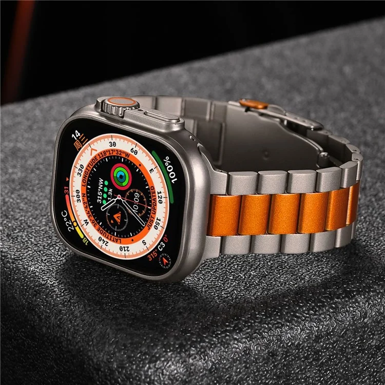 For Apple Watch 10 46mm / Ultra 2 / Ultra 49mm / 9 8 7 45mm / SE (2023) SE (2022) SE 6 5 4 44mm / 3 2 1 42mm 3-Bead Titanium Alloy Watch Strap - Titanium+Orange