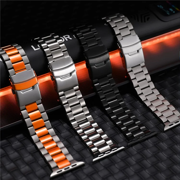 For Apple Watch Series 10 42mm / 9 8 7 41mm / SE (2023) SE (2022) SE 6 5 4 40mm / 3 2 1 38mm 3-Bead Titanium Alloy Watch Strap Replacement Band - Titanium+Orange