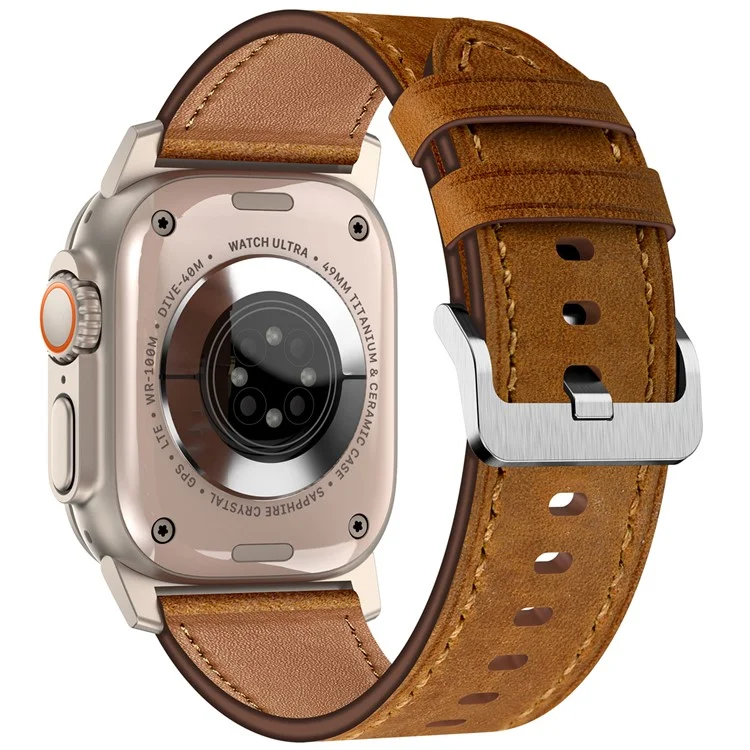 KALEBOL For Apple Watch 10 46mm / Ultra 2 / Ultra 49mm / 9 8 7 45mm / SE (2023) SE (2022) SE 6 5 4 44mm / 3 2 1 42mm Cowhide Leather Band - Titanium+Red Brown