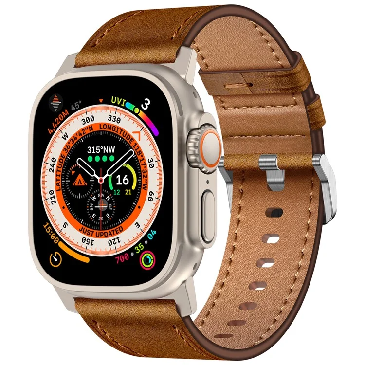 KALEBOL For Apple Watch 10 46mm / Ultra 2 / Ultra 49mm / 9 8 7 45mm / SE (2023) SE (2022) SE 6 5 4 44mm / 3 2 1 42mm Cowhide Leather Band - Titanium+Red Brown