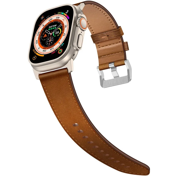 KALEBOL For Apple Watch 10 46mm / Ultra 2 / Ultra 49mm / 9 8 7 45mm / SE (2023) SE (2022) SE 6 5 4 44mm / 3 2 1 42mm Cowhide Leather Band - Titanium+Red Brown