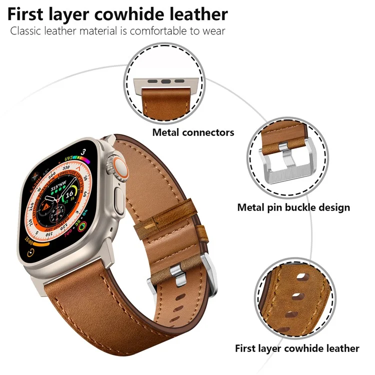 KALEBOL For Apple Watch 10 46mm / Ultra 2 / Ultra 49mm / 9 8 7 45mm / SE (2023) SE (2022) SE 6 5 4 44mm / 3 2 1 42mm Cowhide Leather Band - Titanium+Red Brown