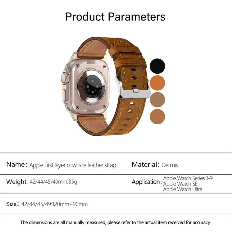 KALEBOL For Apple Watch 10 46mm / Ultra 2 / Ultra 49mm / 9 8 7 45mm / SE (2023) SE (2022) SE 6 5 4 44mm / 3 2 1 42mm Cowhide Leather Band - Titanium+Red Brown