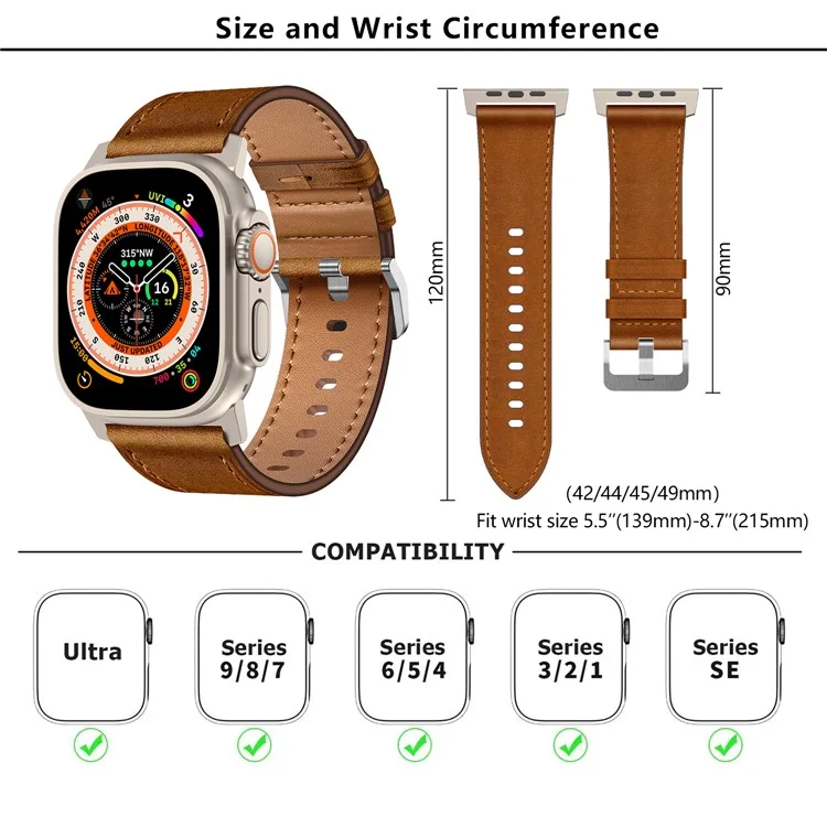 KALEBOL For Apple Watch 10 46mm / Ultra 2 / Ultra 49mm / 9 8 7 45mm / SE (2023) SE (2022) SE 6 5 4 44mm / 3 2 1 42mm Cowhide Leather Band - Titanium+Red Brown