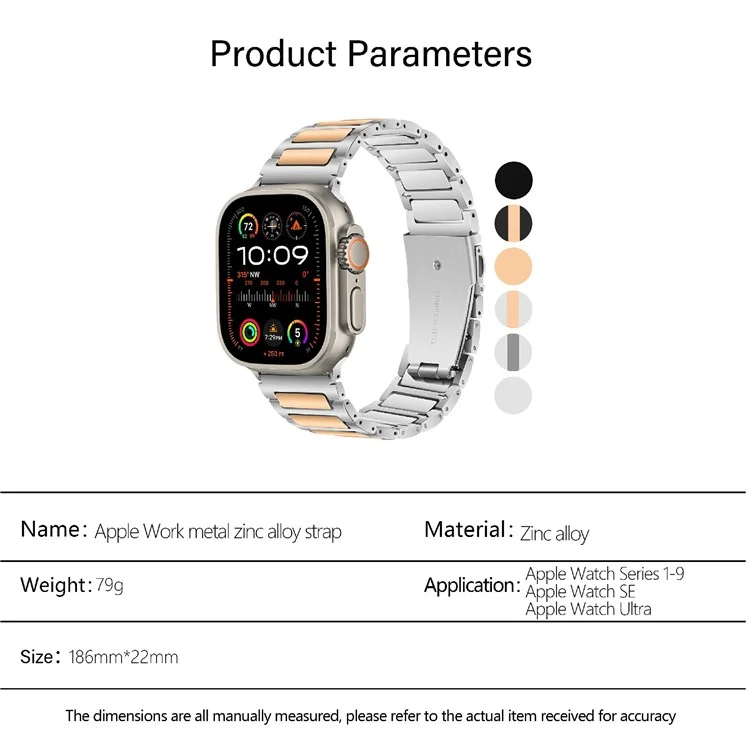KALEBOL Für Apple Watch Series 10 42mm / 9 8 7 41mm / SE (2023) SE (2022) SE 6 5 4 40mm / 3 2 1 38mm Zinklegierung Armband - Silber+Rosegold