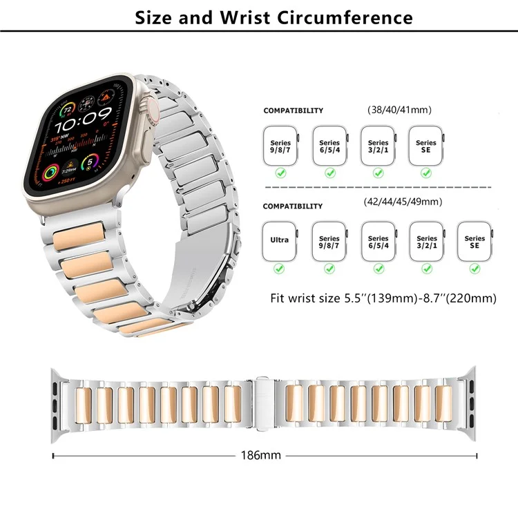 KALEBOL Für Apple Watch Series 10 42mm / 9 8 7 41mm / SE (2023) SE (2022) SE 6 5 4 40mm / 3 2 1 38mm Zinklegierung Armband - Silber+Rosegold