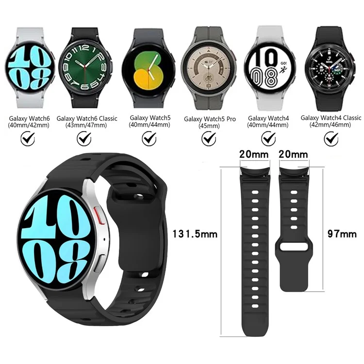 KALEBOL For Samsung Galaxy Watch6 / Watch6 Classic / Watch 5 / Watch 5 Pro Watch Band Silicone Strap - Black