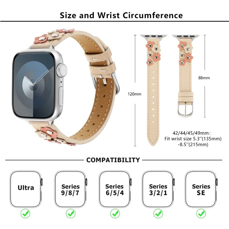 KALEBOL For Apple Watch 10 46mm / Ultra 2 / Ultra 49mm / 9 8 7 45mm / SE (2023) SE (2022) SE 6 5 4 44mm / 3 2 1 42mm Genuine Cow Leather Watch Band - Apricot