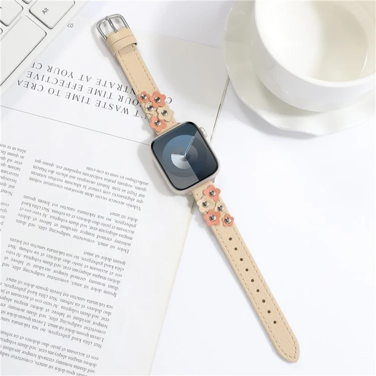 KALEBOL Para Apple Watch Series 10 42mm / 9 8 7 41mm / SE (2023) SE (2022) SE 6 5 4 40mm / 3 2 1 38mm Genuine Cow Leather Watch Strap - Apricot