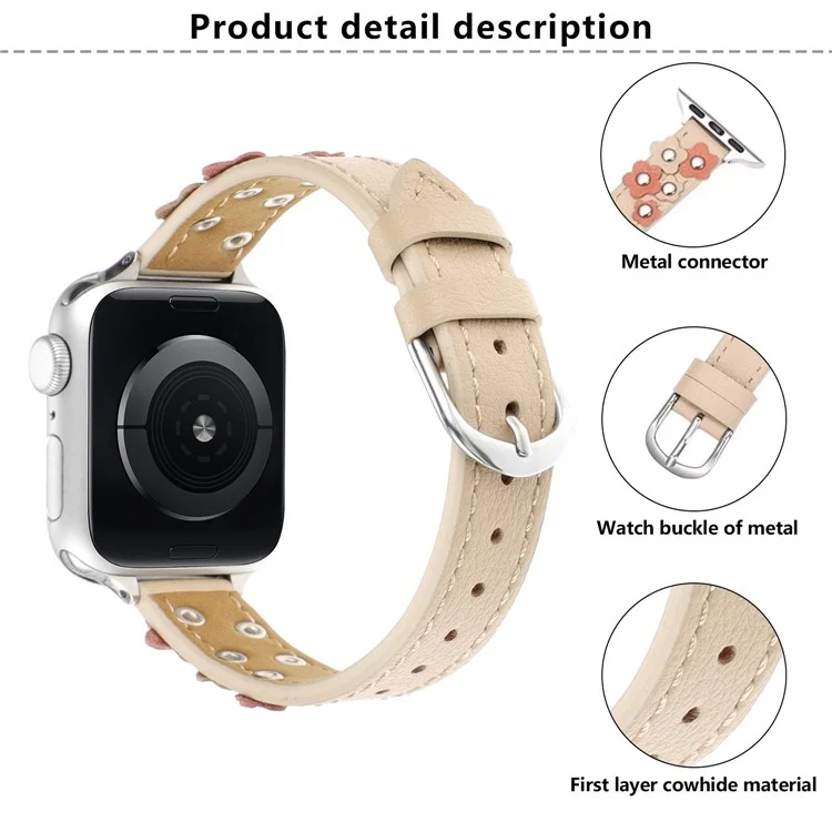 KALEBOL Para Apple Watch Series 10 42mm / 9 8 7 41mm / SE (2023) SE (2022) SE 6 5 4 40mm / 3 2 1 38mm Genuine Cow Leather Watch Strap - Apricot