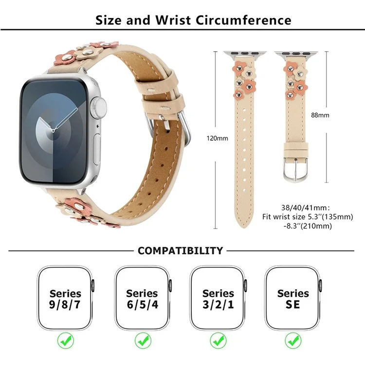 KALEBOL Para Apple Watch Series 10 42mm / 9 8 7 41mm / SE (2023) SE (2022) SE 6 5 4 40mm / 3 2 1 38mm Genuine Cow Leather Watch Strap - Apricot