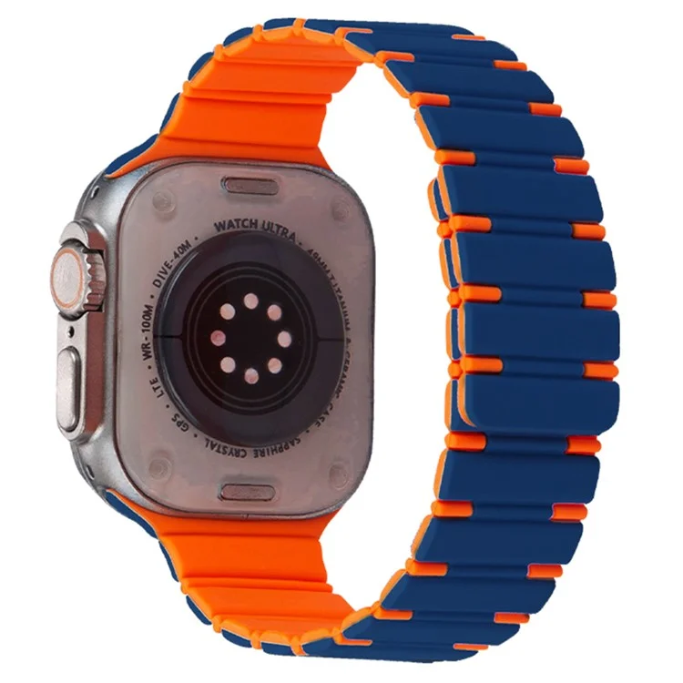 For Apple Watch Series 10 42mm / 9 8 7 41mm / SE (2023) SE (2022) SE 6 5 4 40mm / 3 2 1 38mm Dual Color Magnetic Silicone Watch Strap - Midnight Blue+Orange