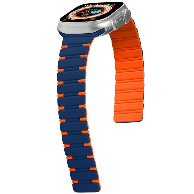 For Apple Watch Series 10 42mm / 9 8 7 41mm / SE (2023) SE (2022) SE 6 5 4 40mm / 3 2 1 38mm Dual Color Magnetic Silicone Watch Strap - Midnight Blue+Orange