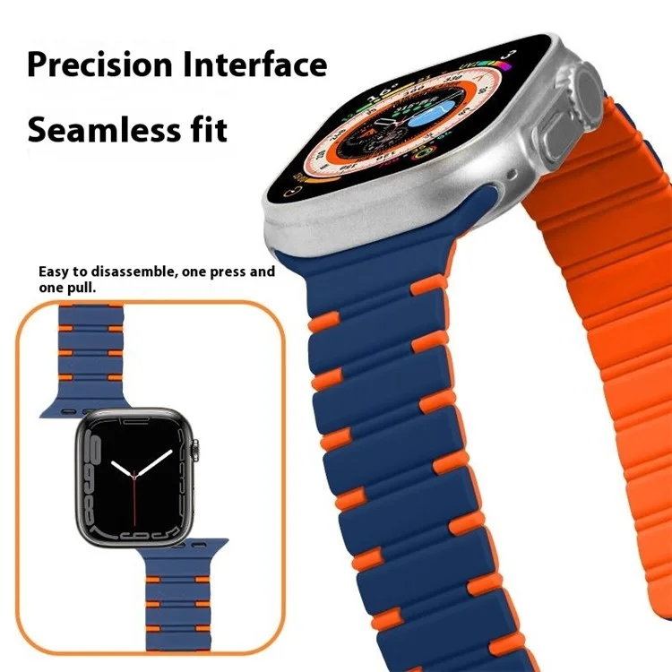 For Apple Watch Series 10 42mm / 9 8 7 41mm / SE (2023) SE (2022) SE 6 5 4 40mm / 3 2 1 38mm Dual Color Magnetic Silicone Watch Strap - Midnight Blue+Orange