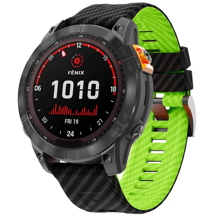For Garmin Fenix 7 Quickfit 22mm Replacement Watch Strap Carbon Fiber Texture Silicone Band - Black+Lime