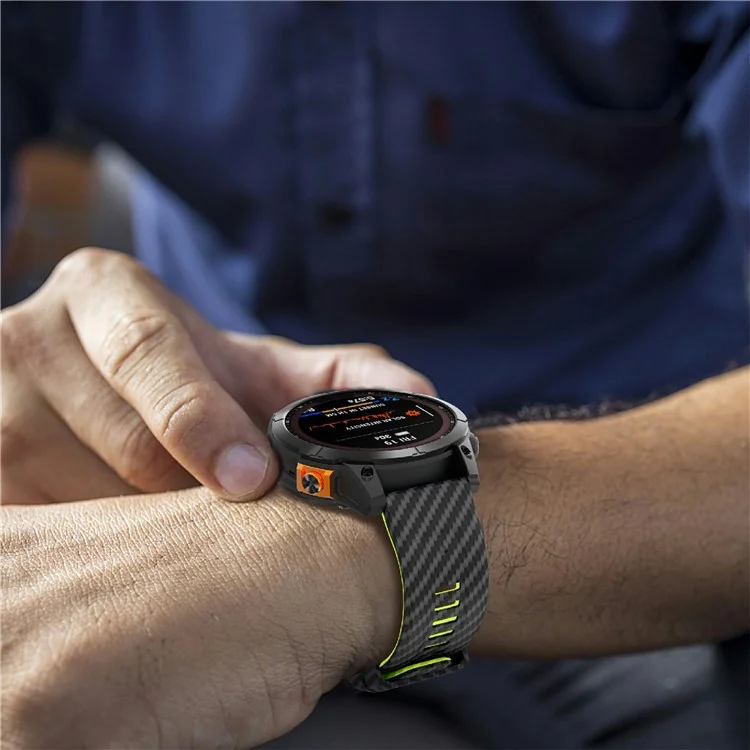 For Garmin Fenix 7 Quickfit 22mm Replacement Watch Strap Carbon Fiber Texture Silicone Band - Black+Lime