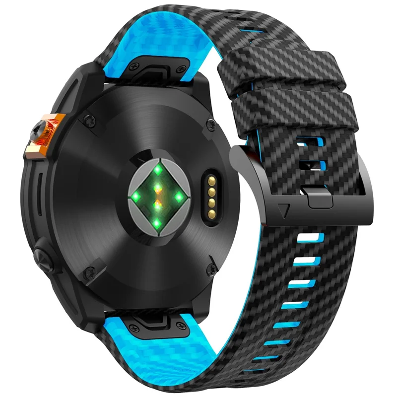For Garmin Fenix 7 Quickfit 22mm Replacement Watch Strap Carbon Fiber Texture Silicone Band - Black+Sky Blue