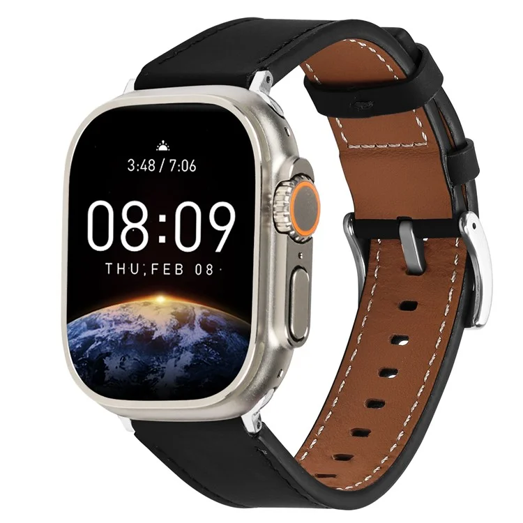 Для Apple Watch 10 46mm / Ultra 2 / Ultra 49mm / 9 8 7 45mm / SE (2023) SE (2022) SE 6 5 4 44mm / 3 2 1 42mm Оригинальный Кожаный Ремешок для Часов - Черный