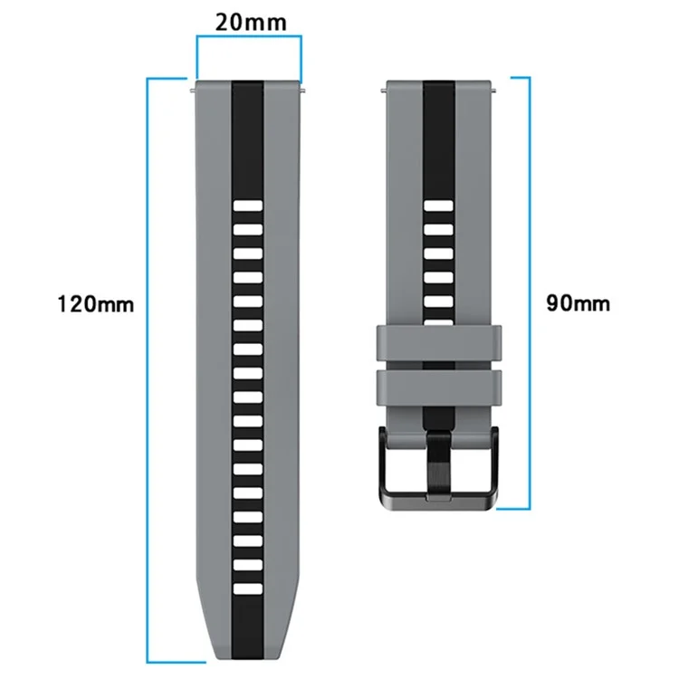 For Huawei Watch GT 3 42mm / GT 3 Pro 43mm Universal 20mm Smartwatch Strap Silicone Wrist Band - Dark Grey+Black