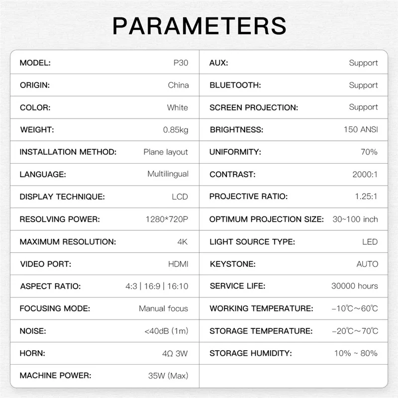 P30 Mini Projector Android 11 WiFi 6 4K 1080P Bluetooth-compatible 5.0 Home Cinema Projector - White / US Plug